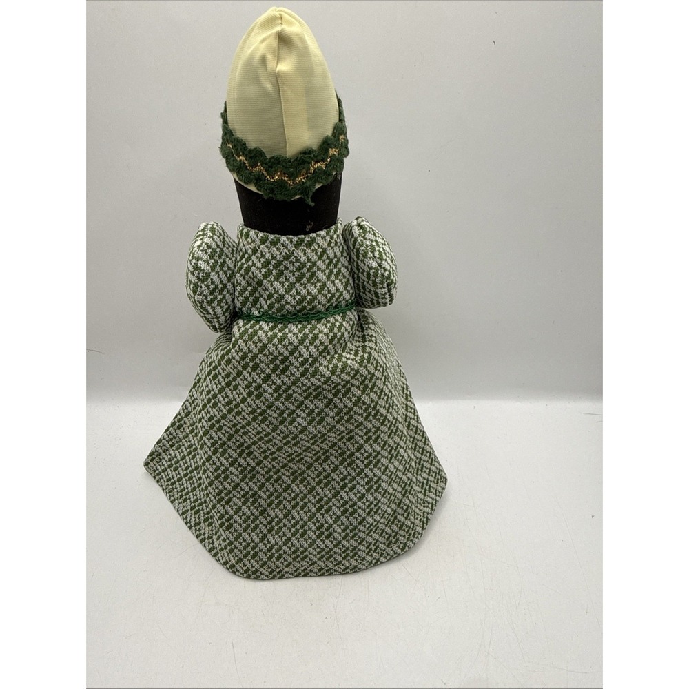 Vintage Handmade Folk Art Black Cloth Doll Green Tweed Coat Dress Cup of Candy - Picture 8 of 12